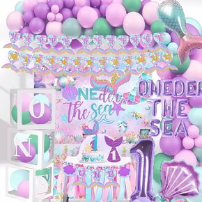 Oneder the Sea 1st Birthday Girl Decorations, Oneder The Sea 1st Backdrop Photo Banner High Chair Balloon Boxes Balloons Garland Party Decor 1st Birthday Decorations for Girl