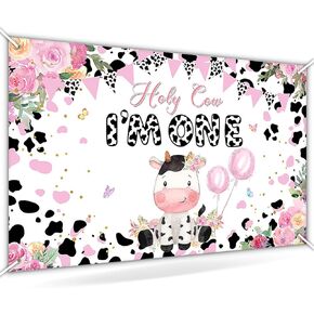 Avezano Holy Cow I'm One Birthday Backdrop Flower Farm 1st Birthday Party Decorations Holy Cow I'm One Banner 70.8 x 43.3 Inch (Pink)