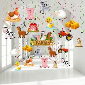 30 Pieces Farm Animal Party Hanging Swirl Decorations, Barnyard Theme Birthday Party Supplies Farm Animal Hanging Foil Swirls Ceiling Decor for Girls Boys Kids Baby Shower Supplies