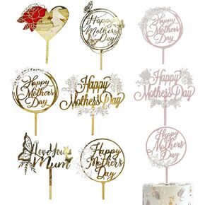 Happy Mother's Day Cake Topper Acrylic Cupcake Toppers for Mother's Day Mom's Birthday Party Cake Decoration Picks 9 Pcs