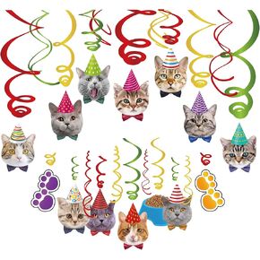 30Ct Cat Face Hanging Swirl Decorations, Kitty Party Supplies, Meow Happy Birthday Theme Decor, Pet Paper Funny Favor for First 1st Bday
