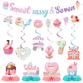 Ice Cream Birthday Party Decorations - NOVBAUB 18PCS Sweet Sassy and Seven Birthday Party Decor Supplies Hanging Swirls Banner Honeycomb Centerpieces 7th Decorations for Kids Girls