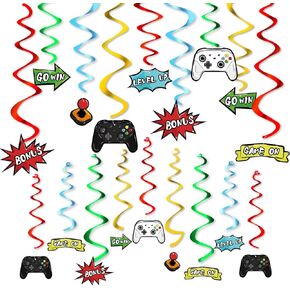 Watercolor Video Game Hanging Swirl - 28 PCS Video Game Party Decorations for Boys Kids Game Theme Birthday Party Supplies Hanging Whirls Streamer Spiral Garlands Ceiling Decor
