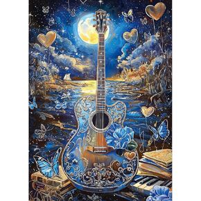 1000 Piece Jigsaw Puzzles for Adults- Fantasy Guitar Moonlight Puzzle - Blue Night Sky with Butterflies Challenging Puzzles for Gifts Party Games Family Fun, Puzzle Size 27.55 * 19.68 in