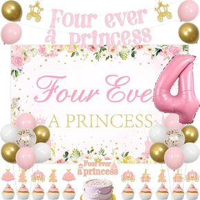 Jollyboom Princess 4th Birthday Party Decoration Girls ، أربعة من أي وقت مضى ديكورات الأميرة الخلفية لافتة الوردي تاج كعكة الكب كيك العالي