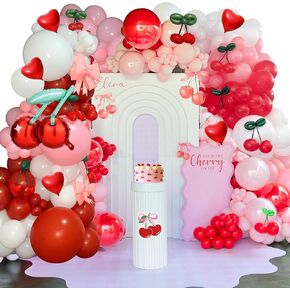 157pcs البالونات الكرز زينة الكرز البالون جارلاند أدوات القوس تشمل البالونات البيضاء والوردية الأحمر مع فاكهة الكرز ديي لعيد ميلاد الطفل لحفل الزفاف لوازم الزفاف