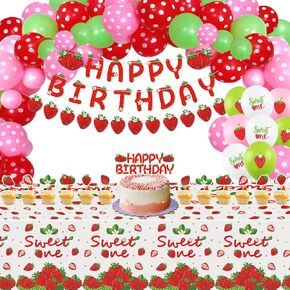 74 Pack Strawberry Party Decorations Berry First Birthday Party Supplies Fruit Fruit Decord Sweet One Birthday Party Decorations Set - Balloons Strawberry ، Banner ، Table -Most ، Cupcake Toppers