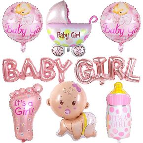 Baby Girl Balloons Set - 8 Pcs Pink Foil Balloon, Banner, Bottle Mylar for Baby Shower, Gender Reveal, Birthday Party Supplies