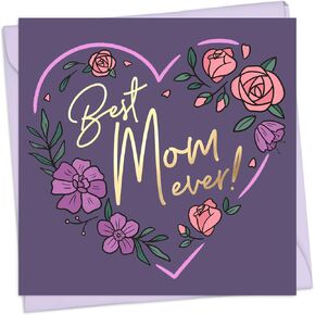 Honeyplum Best Mom Ever Mothers Day Card For Wife, Daughter, Sister - Purple Floral Design With Gold Foil Accents - 5 x 5 Inches