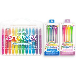 Ooly Smooth Stix Gel Crayons for Kids and Adults with Paint Brush - Set of 24 & Yummy Yummy Scented Gel Pen Bundle of 12 Pens