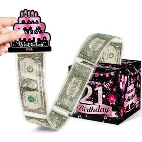 Toerifer Money Box for Cash Birthday Gift, 21 Years Old Surprise Box Gift Box for Money Pull, 21th Birthday Money Gift Ideas, Pink Birthday Party Decor, Money Gift Box DIY Set, 21st（pink）