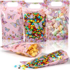 Windyun 50 PCS Butterfly Party Bags Plastic Butterfly Goodie Bags Purple Foral Pouches Flower Prouths Pouching Pouch مع مقابض لموضوع الربيع