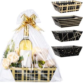 Dunzoom 26 Pcs Baskets for Gifts Empty Set Include 8 Sturdy Cardboard Gift Basket with 8 Plastic Bags and 10 Bows for Easter Wedding Mothers Day Graduation Birthday Party Gift Wrapping(Black)