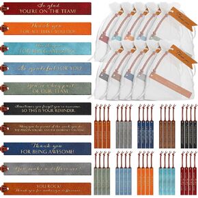 Kosiz Set of 50 Thank You Gifts Leather Bookmark Bulk Employee Appreciation Gifts Inspirational Leather Page Markers with Thank You Tag Organza Bag for Women Men Teacher Library Lovers
