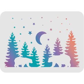 FINGERINSPIRE Forest Bear Stencil Template 8.3x11.7inch Plastic Bear Moon Drawing Painting Stencils Rectangle Pine Tree Reusable Stencils for Painting on Wood, Floor, Wall and Tile