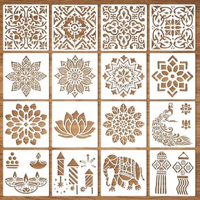 HOWAF 16 Diwali Rangoli Stencils - Reusable Templates for Painting Diwali Diyas, Pochoir Mandala Stencils for Painting on Wall, Floor, Fabric, Wood
