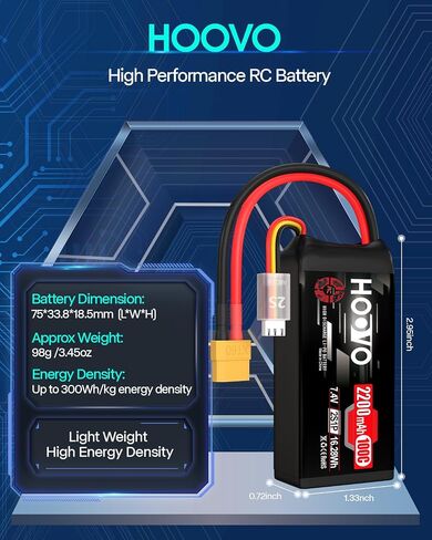 HOOVO 2S Shorty Lipo Battery 2200mAh 100C 7.4V RC Lipo Battery with TR Connector for FPV Racing Drone RC Airplane Helicopter Quadcopter Car-2 Pack in Kuwait