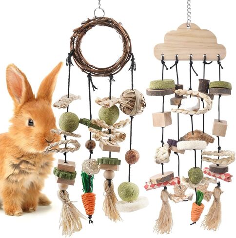 Bissap Bunny Chew Toy, Rabbits Cage Hanging Chew Toys and Treats Rattan Ring with Snacks Water Grass Wooden Block Carrot for Guinea Pigs Chinchillas Hamsters Rats and Other Small Pets Teeth Grinding in Kuwait