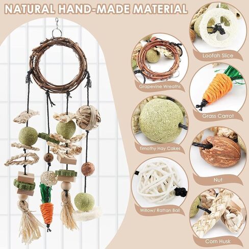 Bissap Bunny Chew Toy, Rabbits Cage Hanging Chew Toys and Treats Rattan Ring with Snacks Water Grass Wooden Block Carrot for Guinea Pigs Chinchillas Hamsters Rats and Other Small Pets Teeth Grinding in Kuwait