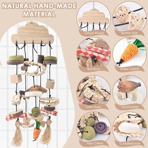 Bissap Bunny Chew Toy, Rabbits Cage Hanging Chew Toys and Treats Rattan Ring with Snacks Water Grass Wooden Block Carrot for Guinea Pigs Chinchillas Hamsters Rats and Other Small Pets Teeth Grinding in Kuwait