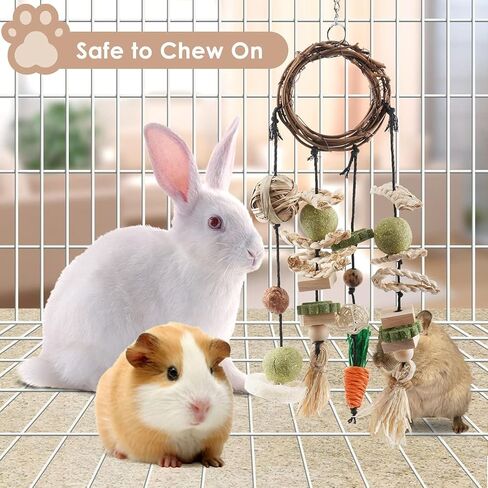 Bissap Bunny Chew Toy, Rabbits Cage Hanging Chew Toys and Treats Rattan Ring with Snacks Water Grass Wooden Block Carrot for Guinea Pigs Chinchillas Hamsters Rats and Other Small Pets Teeth Grinding in Kuwait