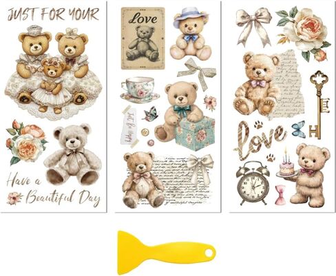 Rub on Transfer Decal Sticker for Furniture Craft Decor 6"x12" Vintage Teddy Bear, 3Pcs Waterproof UV DTF Transfer for Drawer Dresser Glass Porcelain Wood Plastic Window in Saudi Arabia