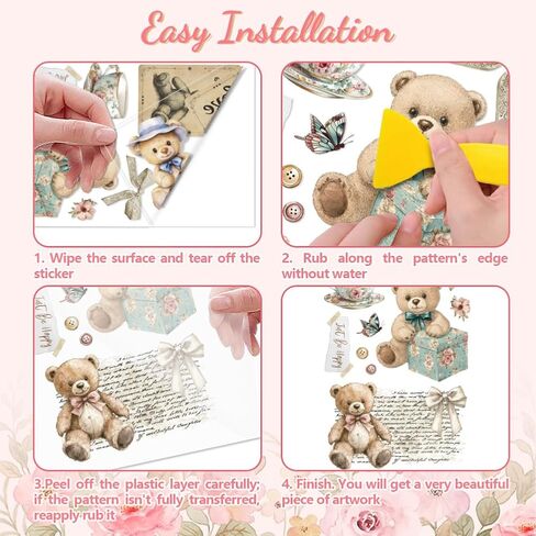 Rub on Transfer Decal Sticker for Furniture Craft Decor 6"x12" Vintage Teddy Bear, 3Pcs Waterproof UV DTF Transfer for Drawer Dresser Glass Porcelain Wood Plastic Window in Saudi Arabia