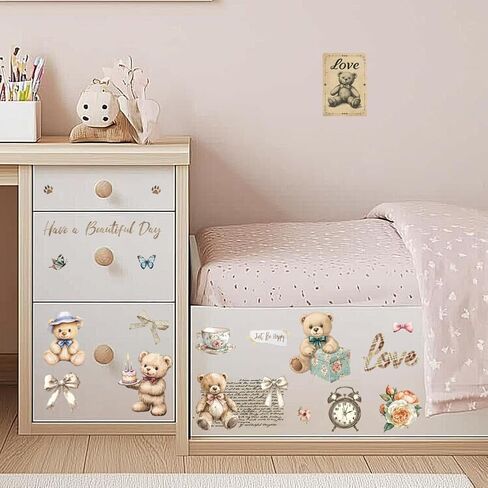 Rub on Transfer Decal Sticker for Furniture Craft Decor 6"x12" Vintage Teddy Bear, 3Pcs Waterproof UV DTF Transfer for Drawer Dresser Glass Porcelain Wood Plastic Window in Saudi Arabia