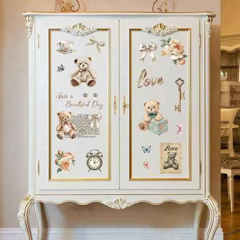 Rub on Transfer Decal Sticker for Furniture Craft Decor 6"x12" Vintage Teddy Bear, 3Pcs Waterproof UV DTF Transfer for Drawer Dresser Glass Porcelain Wood Plastic Window in Saudi Arabia