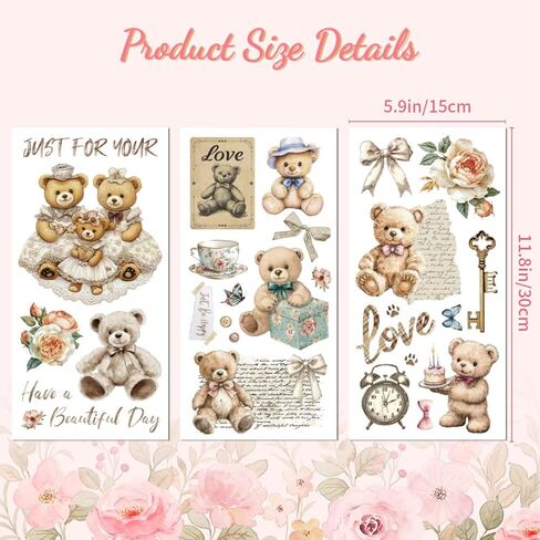 Rub on Transfer Decal Sticker for Furniture Craft Decor 6"x12" Vintage Teddy Bear, 3Pcs Waterproof UV DTF Transfer for Drawer Dresser Glass Porcelain Wood Plastic Window in Saudi Arabia
