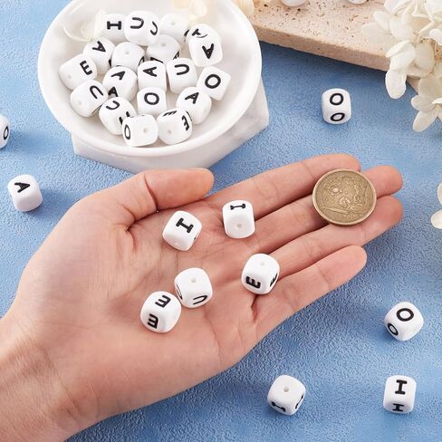 50pcs أحرف سليكون رسائل أحرف حرة مكعب سليكون خطاب حبة/e/i/o/u الحرف مربع حبة 12 مم حبة أبجدية للسيليكون للسيلي in Kuwait
