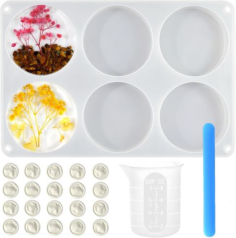 Round Resin Molds,Large 6 Cavity Deep Coaster Resin Molds Silicone for Epoxy Resin,Cups,Mats,Coasters,DIY Crafts,with 250ml Measuring Cup,Stirring Rod,Finger Cots (Round Coaster Mold) in Saudi Arabia