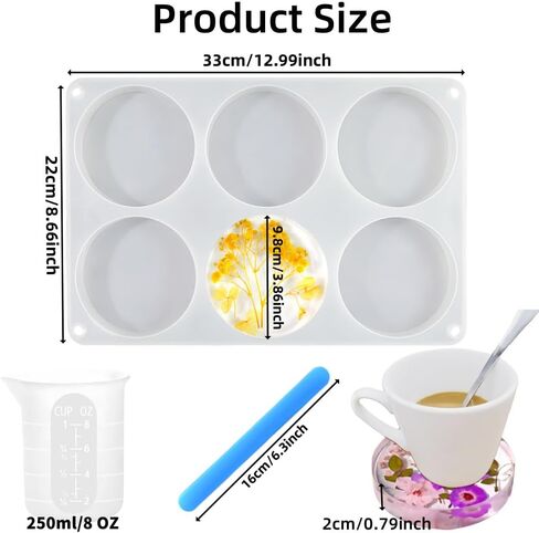 Round Resin Molds,Large 6 Cavity Deep Coaster Resin Molds Silicone for Epoxy Resin,Cups,Mats,Coasters,DIY Crafts,with 250ml Measuring Cup,Stirring Rod,Finger Cots (Round Coaster Mold) in Saudi Arabia