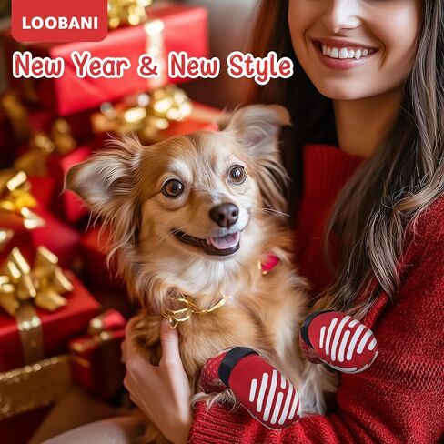 LOOBANI Christmas Dog Socks to Prevent Licking Paws, Hardwood Floors Anti Slip, Non Slip Dog Socks with Grippers Dog Paw Protector, Dog Booties for Indoor Use in Kuwait