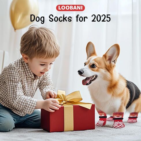 LOOBANI Christmas Dog Socks to Prevent Licking Paws, Hardwood Floors Anti Slip, Non Slip Dog Socks with Grippers Dog Paw Protector, Dog Booties for Indoor Use in Kuwait