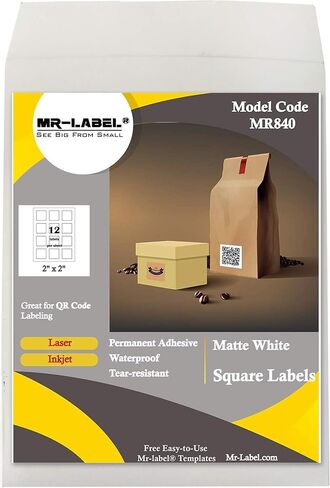 Mr-Label 2" Square White Sticker Label - Waterproof and Tear-Resistant - for Inkjet & Laser Printer - for Food Package | Gift Bag | Jar (10 sheets total 120 labels) in Saudi Arabia