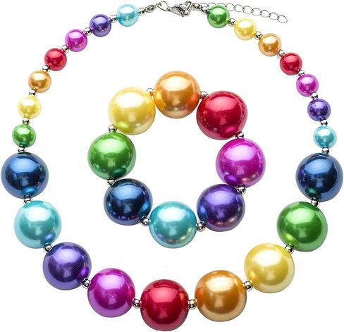 Dress Up Jewelry for Little Girls Kids Necklaces Fashion Girls Chunky Beads Bubblegum Necklace and Bracelet Set Green Gold Diamond Bead Set fit Age 3 Years and Up in Saudi Arabia