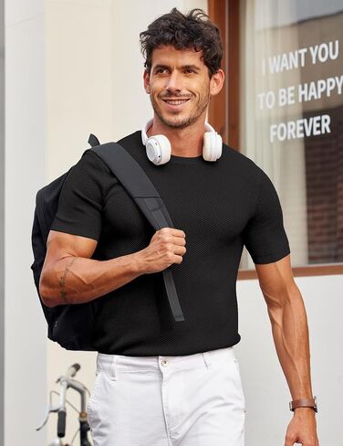 قمصان منسوجة بأكمام قصيرة للرجال من COOFANDY، تي شيرت كاجوال بياقة دائرية، بلوفر منسوج وافل، تي شيرت in Kuwait