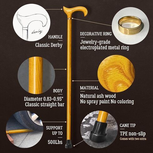 Wooden Walking Cane for Men and Women, Handmade, Support up to 500 lbs Canes for Seniors,Ergonomic, Natural Solid Wood High-end Derby Cane Suitable for Gift Giving in Kuwait