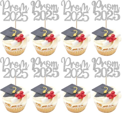 24 Pack Prom 2025 Graduation Cupcake Toppers Glitter 2025 Prom College Cupcake Picks for Congrats 2025 Graduation Class of 2025 Theme School Party Cake Decoration Supplies Silver in Saudi Arabia