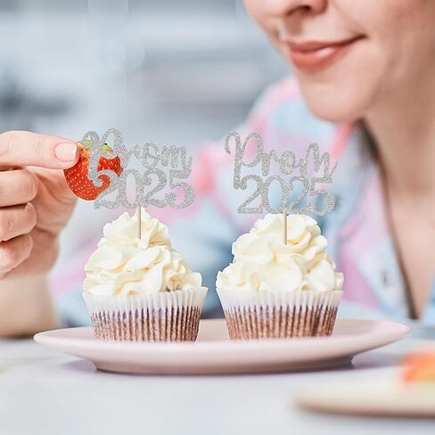 24 Pack Prom 2025 Graduation Cupcake Toppers Glitter 2025 Prom College Cupcake Picks for Congrats 2025 Graduation Class of 2025 Theme School Party Cake Decoration Supplies Silver in Saudi Arabia