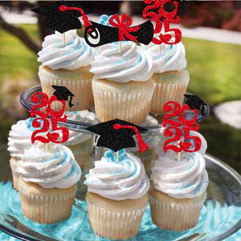 24 Pack Prom 2025 Graduation Cupcake Toppers Glitter 2025 Prom College Cupcake تختار على تهانينا 2025 فئة التخرج من 2025 School Party Cake Decoration Supplies Silver in Saudi Arabia