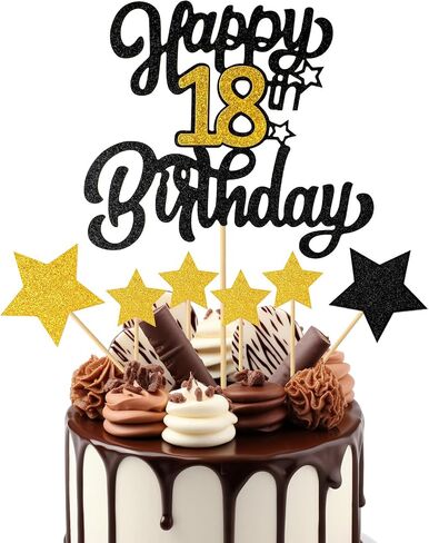 1PCS Happy 18th Birthday Cake Topper - Black Gold Glitter Cheers to 18 Years, Fabulous Cake Decoration for 18th Birthday or Anniversary Party in Saudi Arabia