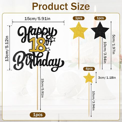 1PCS Happy 18th Birthday Cake Topper - Black Gold Glitter Cheers to 18 Years, Fabulous Cake Decoration for 18th Birthday or Anniversary Party in Saudi Arabia