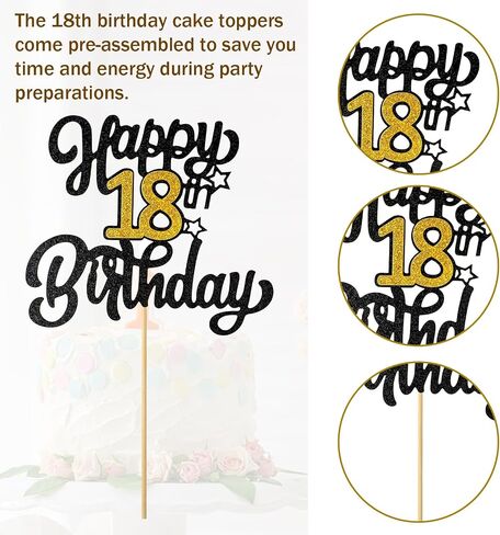 1PCS Happy 18th Birthday Cake Topper - Black Gold Glitter Cheers to 18 Years, Fabulous Cake Decoration for 18th Birthday or Anniversary Party in Saudi Arabia