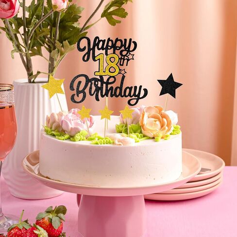 1PCS Happy 18th Birthday Cake Topper - Black Gold Glitter Cheers to 18 Years, Fabulous Cake Decoration for 18th Birthday or Anniversary Party in Saudi Arabia