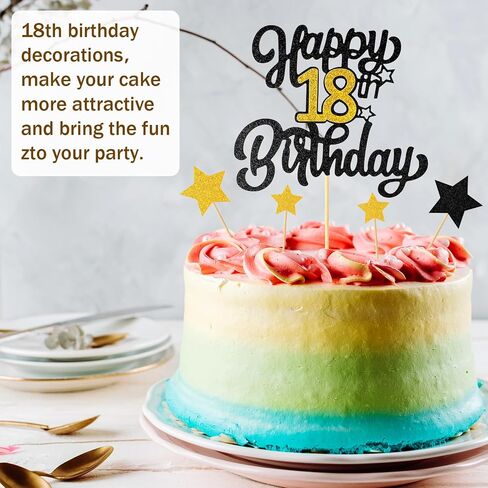 1PCS Happy 18th Birthday Cake Topper - Black Gold Glitter Cheers to 18 Years, Fabulous Cake Decoration for 18th Birthday or Anniversary Party in Saudi Arabia
