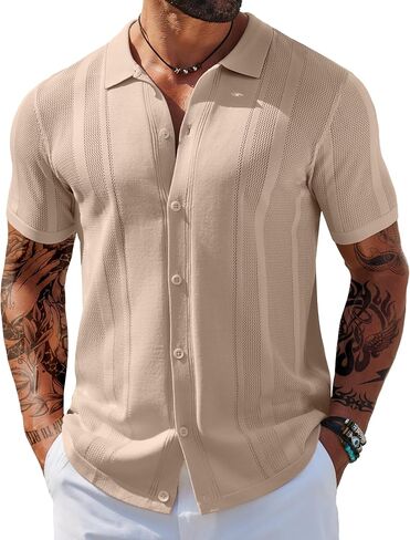COOFANDY Men's Knit Shirts Short Sleeve Button Down Polo Shirt Vintage Casual Beach Shirt Summer Tops in Saudi Arabia