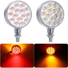 Double-Face Pedestal Fender Light Round Amber Stud Mount, 3 Inch 30 LED Clear Lens Rear Stop Turn Tail Signal Trailer Light for Semi Truck Peterbilt Kenworth Freightliner Towing Truck 2 Packs