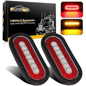 Partsam 2 Pcs 6" inch Oval Truck Trailer Led Tail Stop Brake Lights Taillights Running Red and Amber Parking Turn Signal Lights, Sealed 6 inch Oval led Trailer Tail Lights w reflectors Flush Mount